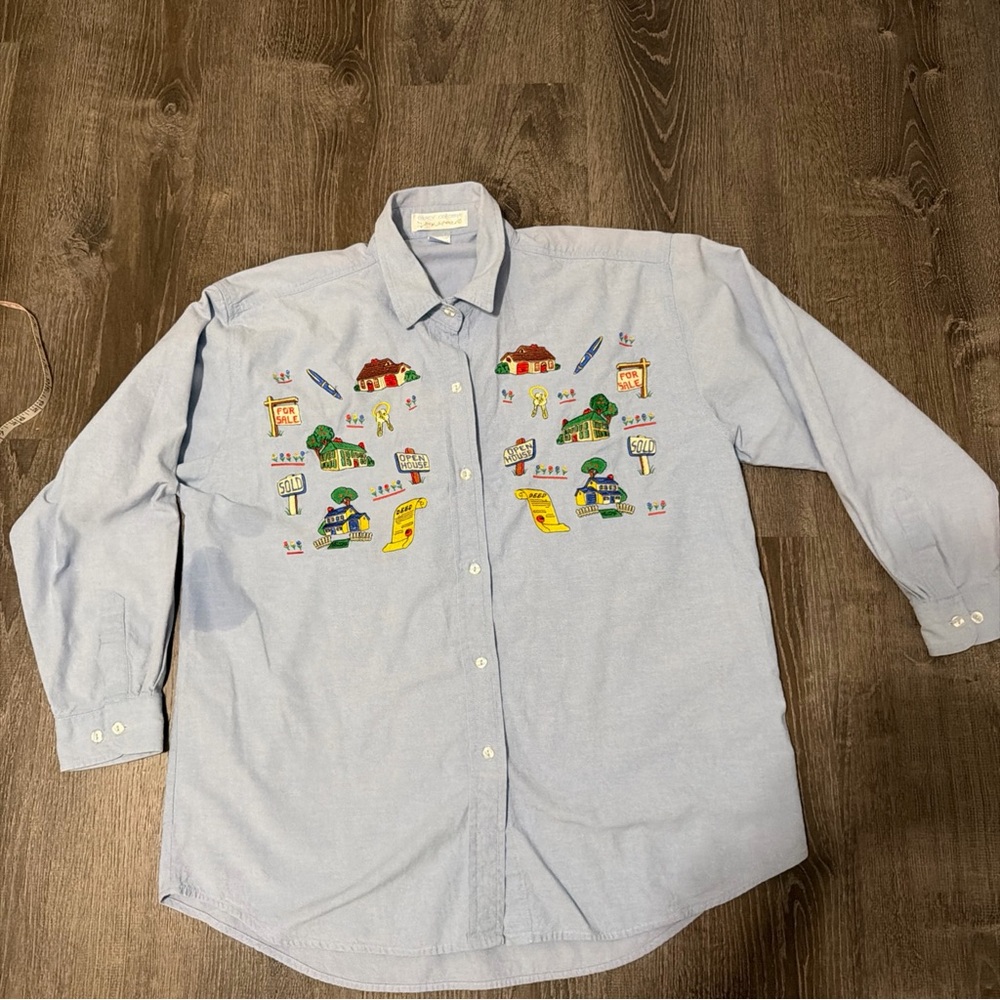 Vintage Light Blue Embroidered Oxford Button-Up Shirt size L